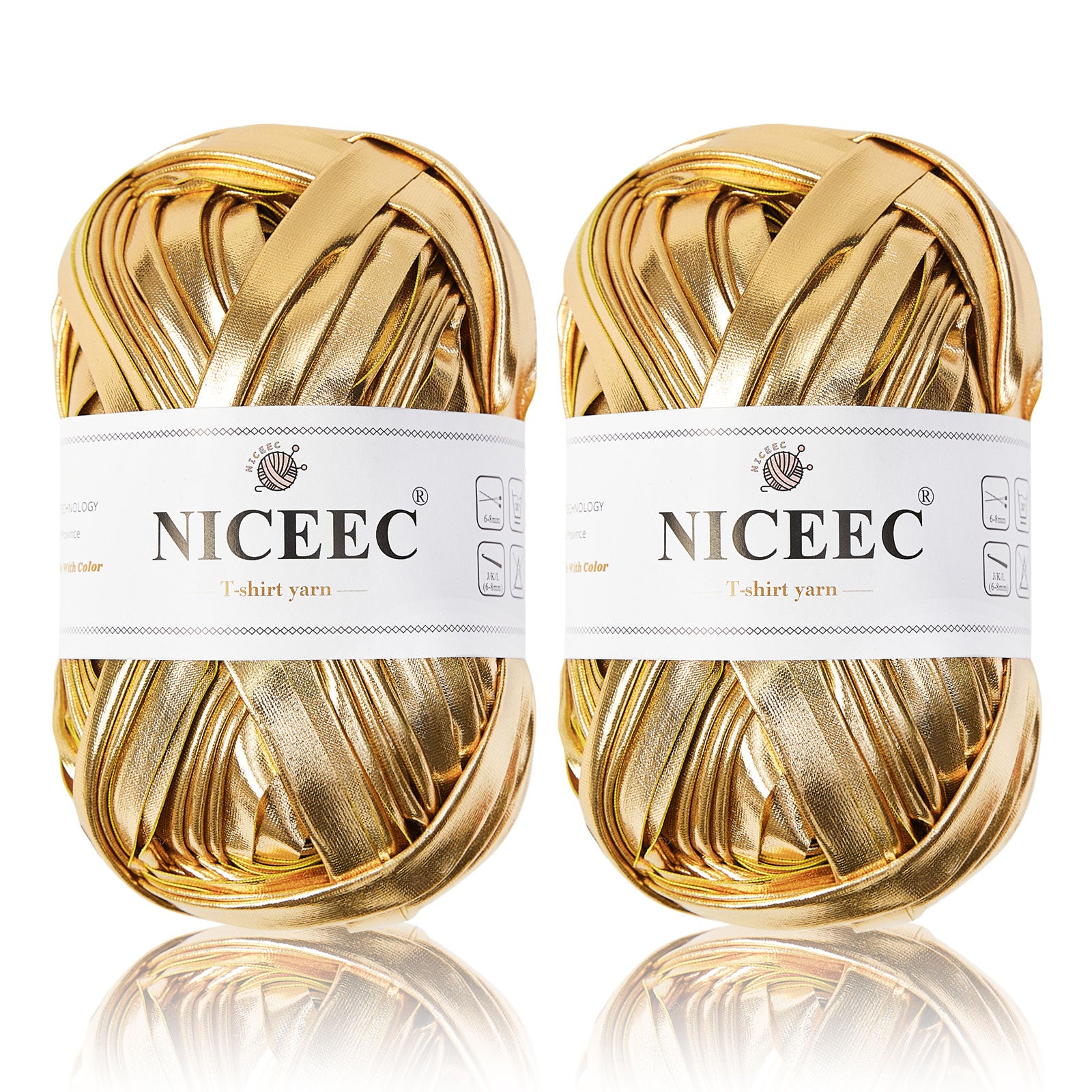 NICEEC 2 Skeins Metal T-Shirt Yarn, Bright, Glossy, Crochet & Knitting, Fabric Cloth Yarn with Double-Side Color, Handmade DIY Craft Bag Basket Cushion-Totle Length 64yds(7.1oz) - Gold