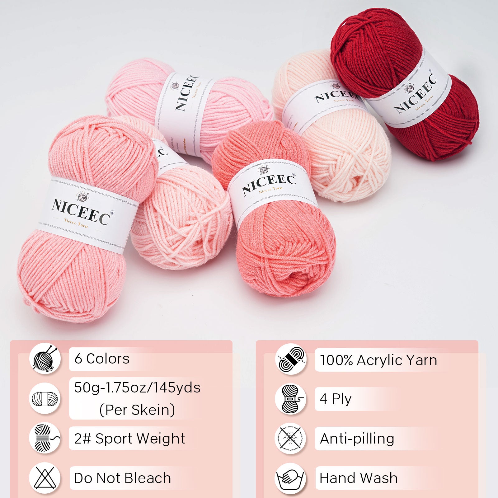 NICEEC 300g Soft Assorted Colors Yarn - Sport Weight,100% Acrylic, 4 Ply, Bonbons Yarn for Crochet & Knit, DIY Project Starter Kit for Kids or Adults(Total 870yds)