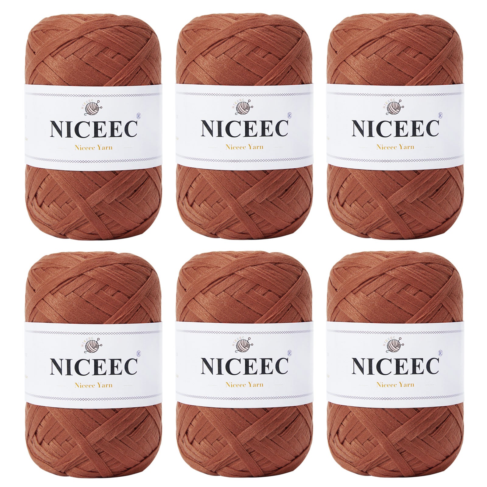 NICEEC 6 Skeins Soft Tape Yarn for Crocheting Craft Paper Yarn Easy Crochet Raffia Yarn Ribbon Yarn for DIY Craft Gift Wrapping Total Length 1.76oz×6/109yds×6-Khaki