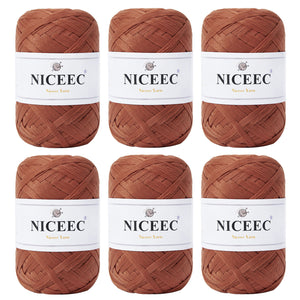 NICEEC 6 Skeins Soft Tape Yarn for Crocheting Craft Paper Yarn Easy Crochet Raffia Yarn Ribbon Yarn for DIY Craft Gift Wrapping Total Length 1.76oz×6/109yds×6-Khaki