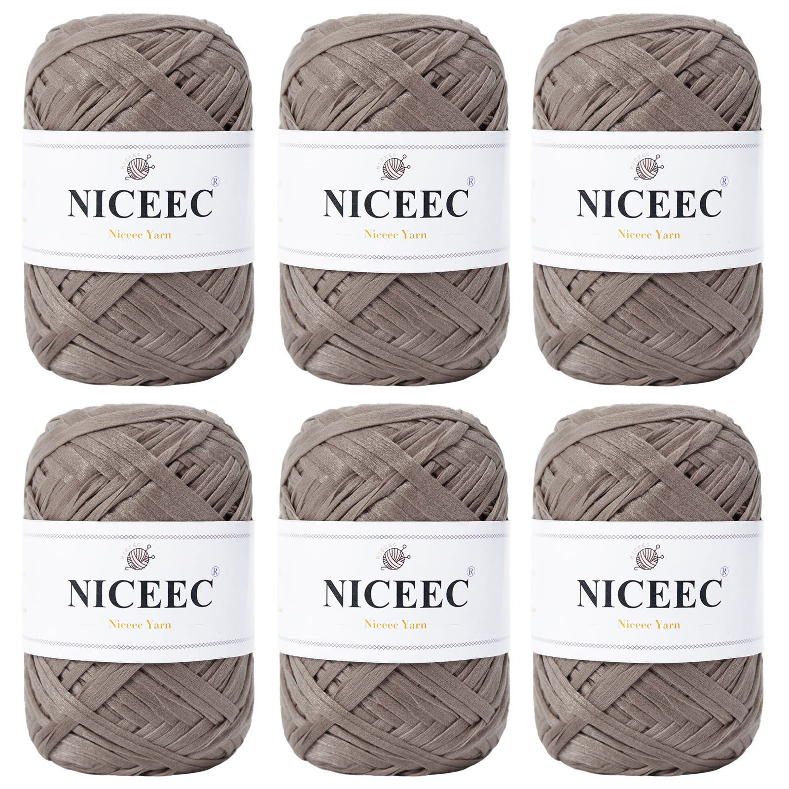 NICEEC - 6 madejas de hilo de cinta suave para crochet, papel artesanal, rafia fácil de crochet, cinta para manualidades y envoltura de regalos (longitud total: 1,76 oz × 6/109 yds × 6 - caqui) 