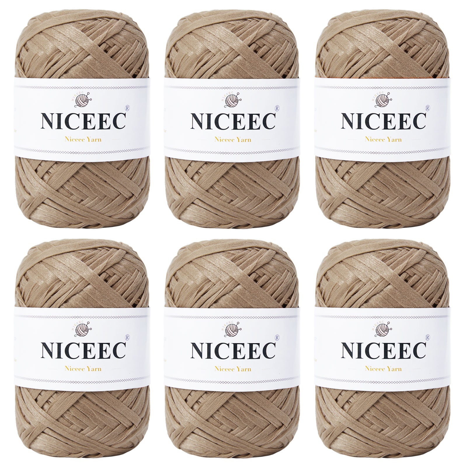 NICEEC 6 Skeins Soft Tape Yarn for Crocheting Craft Paper Yarn Easy Crochet Raffia Yarn Ribbon Yarn for DIY Craft Gift Wrapping Total Length 1.76oz×6/109yds×6-Khaki