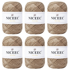 NICEEC 6 Skeins Soft Tape Yarn for Crocheting Craft Paper Yarn Easy Crochet Raffia Yarn Ribbon Yarn for DIY Craft Gift Wrapping Total Length 1.76oz×6/109yds×6-Khaki
