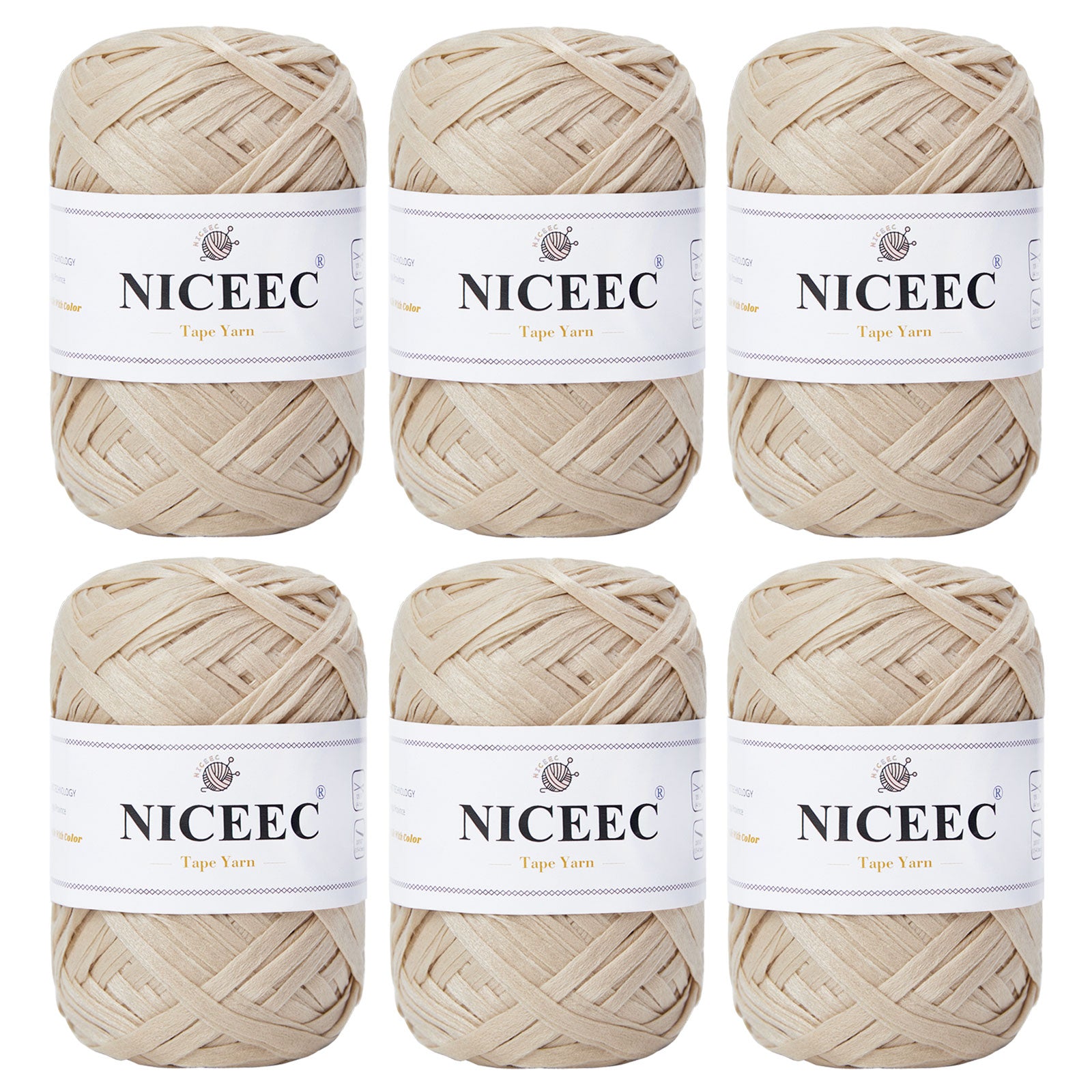 NICEEC 6 Skeins Soft Tape Yarn for Crocheting Craft Paper Yarn Easy Crochet Raffia Yarn Ribbon Yarn for DIY Craft Gift Wrapping Total Length 1.76oz×6/109yds×6-Khaki