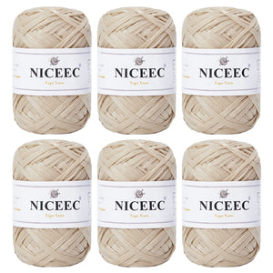 NICEEC 6 Skeins Soft Tape Yarn for Crocheting Craft Paper Yarn Easy Crochet Raffia Yarn Ribbon Yarn for DIY Craft Gift Wrapping Total Length 1.76oz×6/109yds×6-Khaki