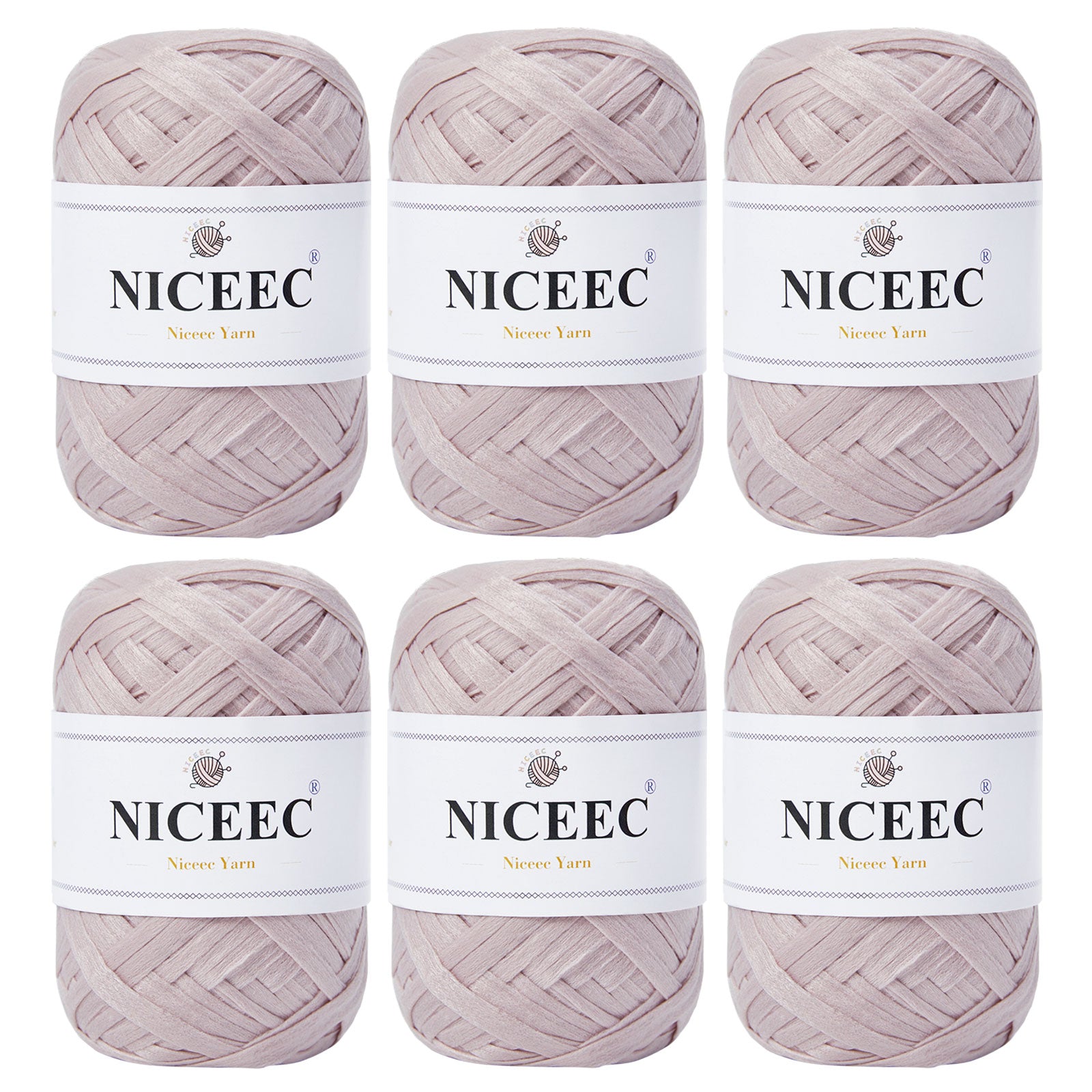 NICEEC 6 Skeins Soft Tape Yarn for Crocheting Craft Paper Yarn Easy Crochet Raffia Yarn Ribbon Yarn for DIY Craft Gift Wrapping Total Length 1.76oz×6/109yds×6-Khaki