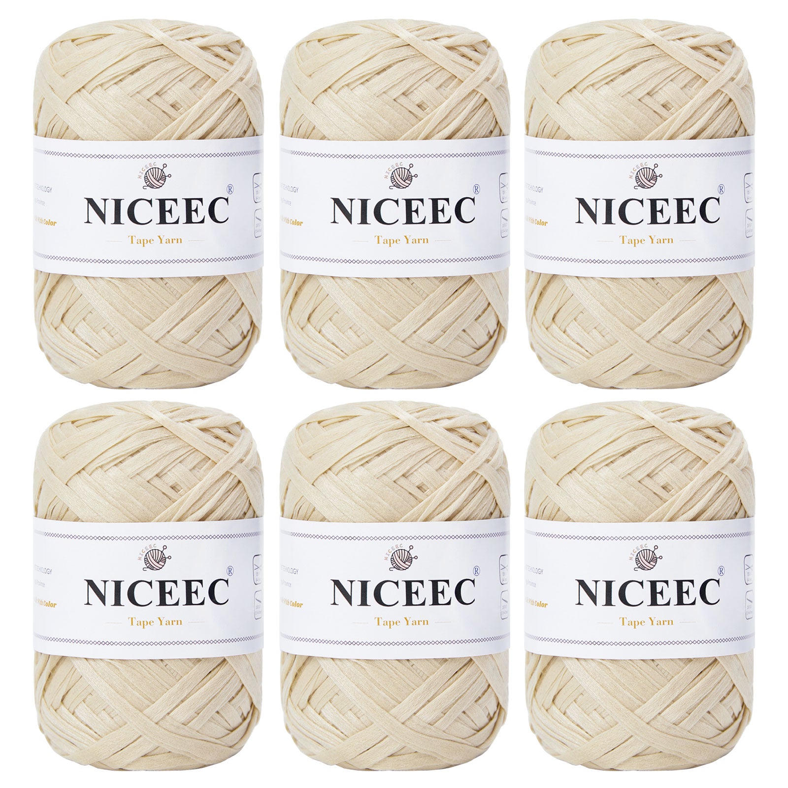 NICEEC - 6 madejas de hilo de cinta suave para crochet, papel artesanal, rafia fácil de crochet, cinta para manualidades y envoltura de regalos (longitud total: 1,76 oz × 6/109 yds × 6 - caqui) 