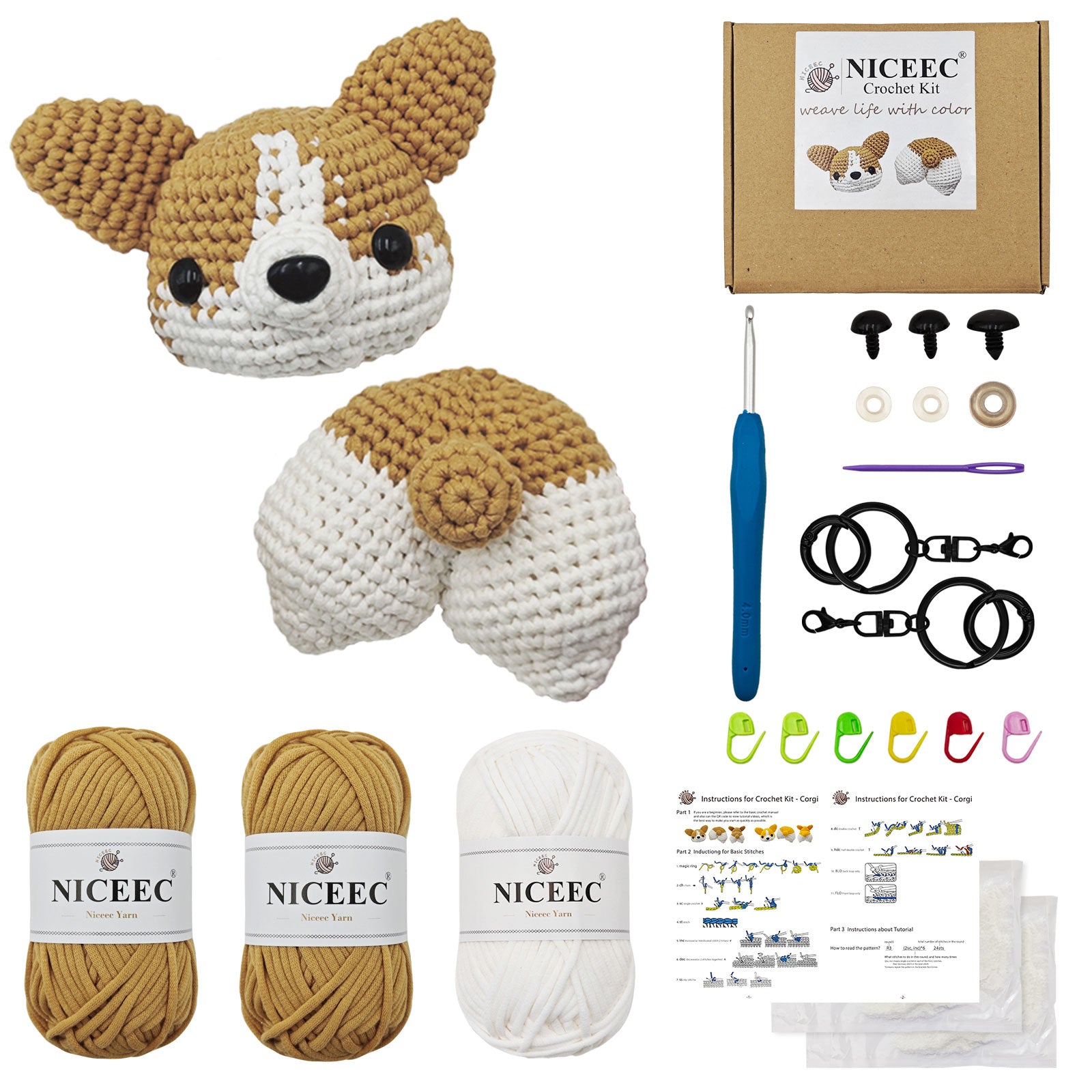 NICEEC Corgi Crochet Kit for Beginners Yarn Crochet Animal Kit for Starter Kits with Step-by-Step Video Tutorials for Adults and Kids