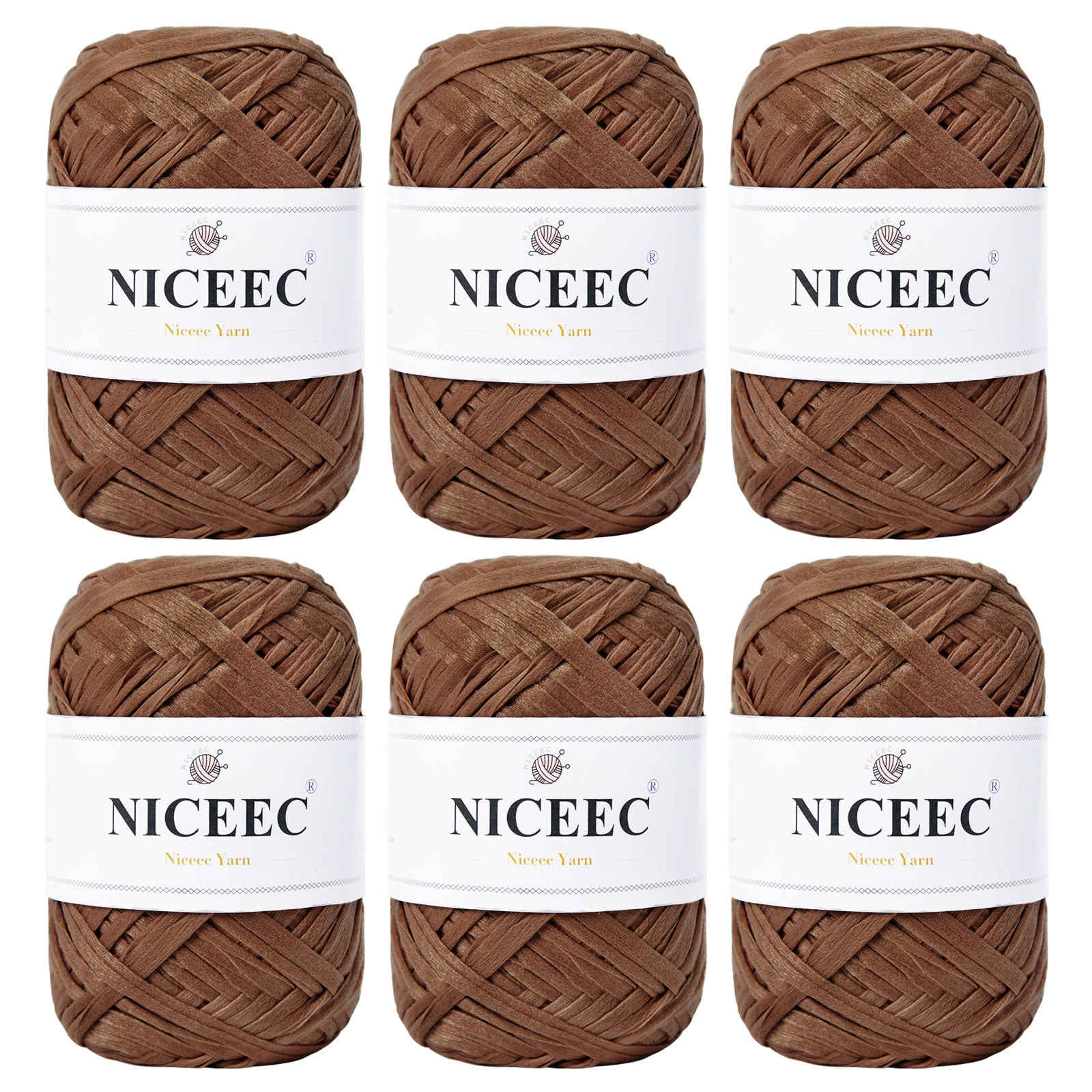 NICEEC - 6 madejas de hilo de cinta suave para crochet, papel artesanal, rafia fácil de crochet, cinta para manualidades y envoltura de regalos (longitud total: 1,76 oz × 6/109 yds × 6 - caqui) 