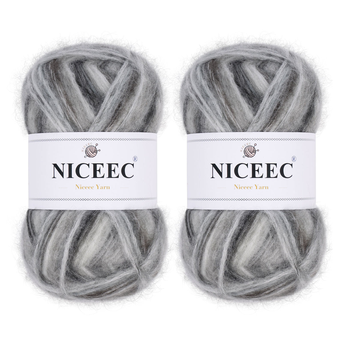 NICEEC 2 Skeins Fluffy Air Yarn, Crochet & Knit, Soft & Fuzzy, Colorful & Variegated Total 2×50g/2×175m