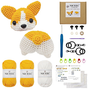 NICEEC Corgi Crochet Kit for Beginners Yarn Crochet Animal Kit for Starter Kits with Step-by-Step Video Tutorials for Adults and Kids