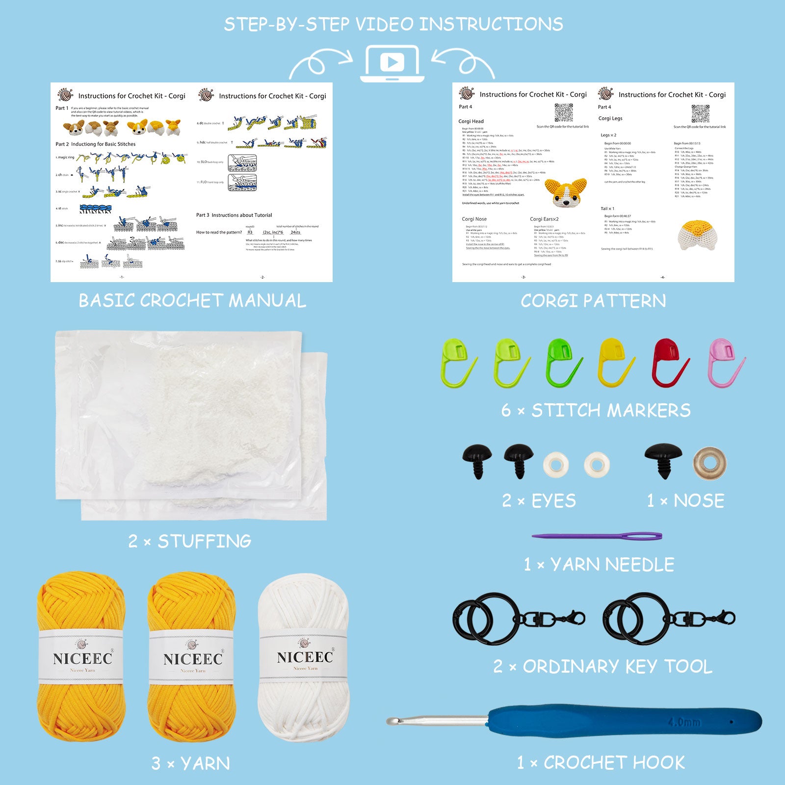 NICEEC Corgi Crochet Kit for Beginners Yarn Crochet Animal Kit for Starter Kits with Step-by-Step Video Tutorials for Adults and Kids