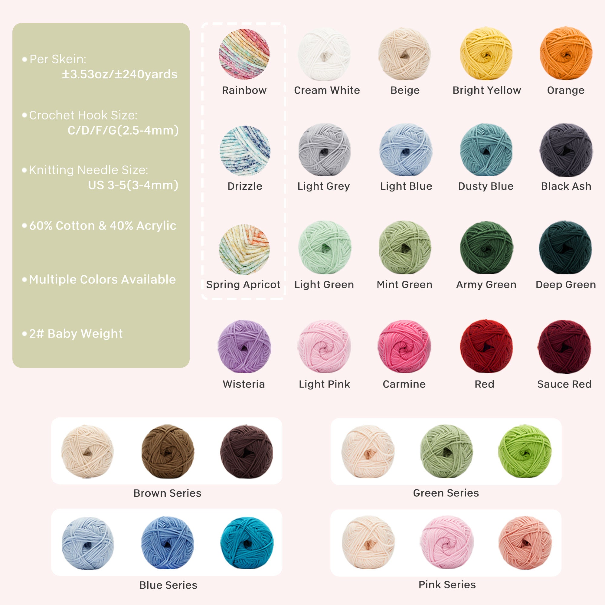 NICEEC 3 Skeins Soft Cotton Yarn 5ply Baby Cotton Yarn for Knitting Crochet Baby Weight Yarn Cotton Blend Yarn Total Length 3×220m(3×240 yds,100g×3)