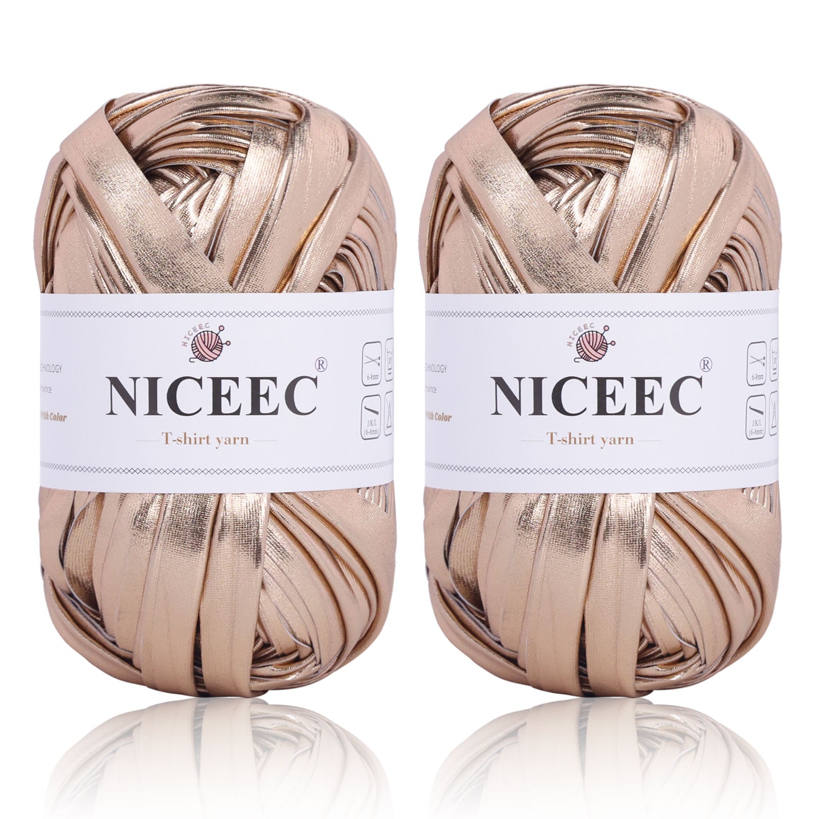 NICEEC 2 Skeins Metal T-Shirt Yarn, Bright, Glossy, Crochet & Knitting, Fabric Cloth Yarn with Double-Side Color, Handmade DIY Craft Bag Basket Cushion-Totle Length 64yds(7.1oz) - Gold