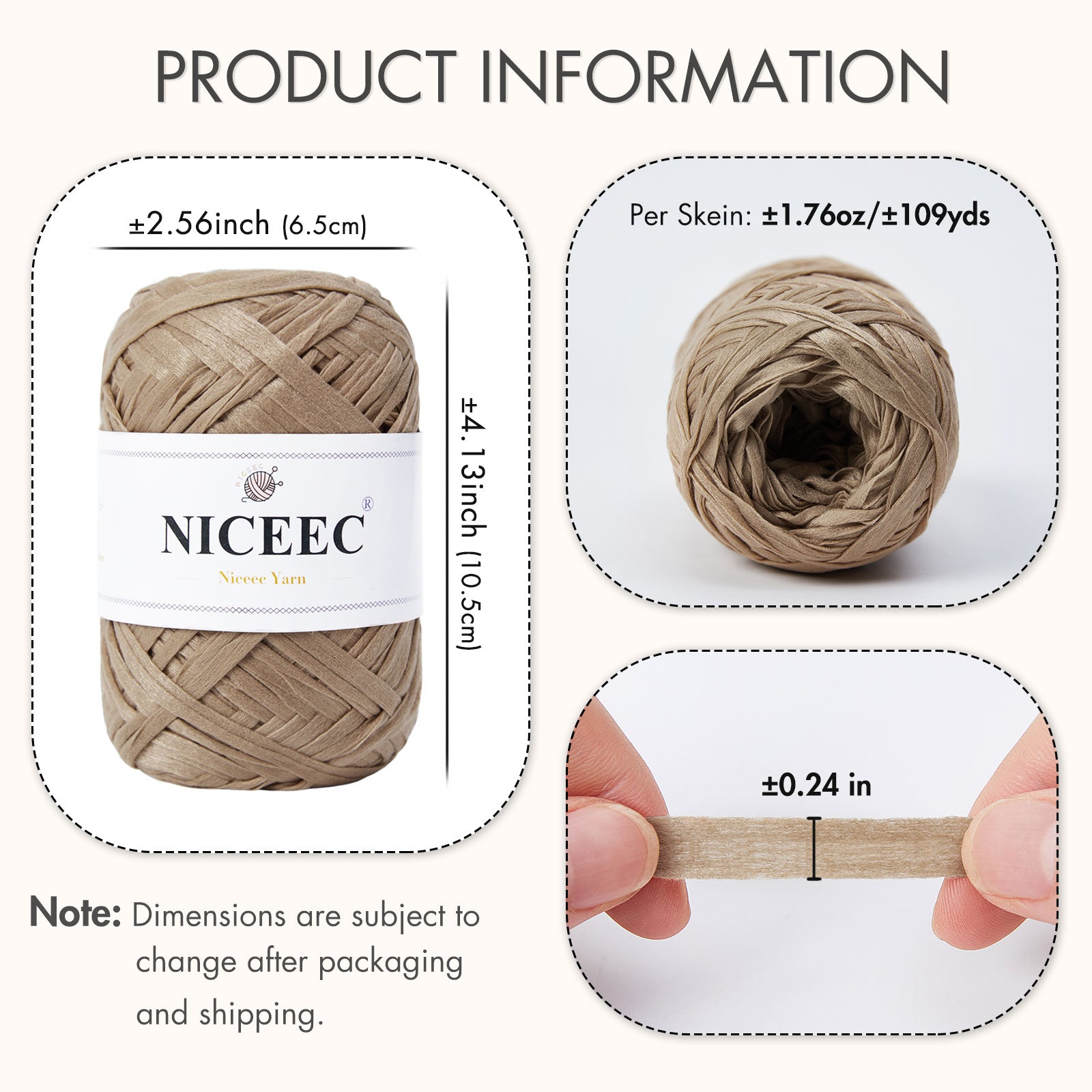 NICEEC 6 Skeins Soft Tape Yarn for Crocheting Craft Paper Yarn Easy Crochet Raffia Yarn Ribbon Yarn for DIY Craft Gift Wrapping Total Length 1.76oz×6/109yds×6-Khaki
