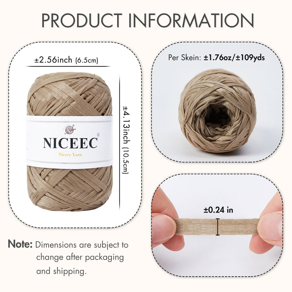 NICEEC - 6 madejas de hilo de cinta suave para crochet, papel artesanal, rafia fácil de crochet, cinta para manualidades y envoltura de regalos (longitud total: 1,76 oz × 6/109 yds × 6 - caqui) 