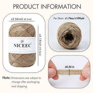 NICEEC 6 Skeins Soft Tape Yarn for Crocheting Craft Paper Yarn Easy Crochet Raffia Yarn Ribbon Yarn for DIY Craft Gift Wrapping Total Length 1.76oz×6/109yds×6-Khaki