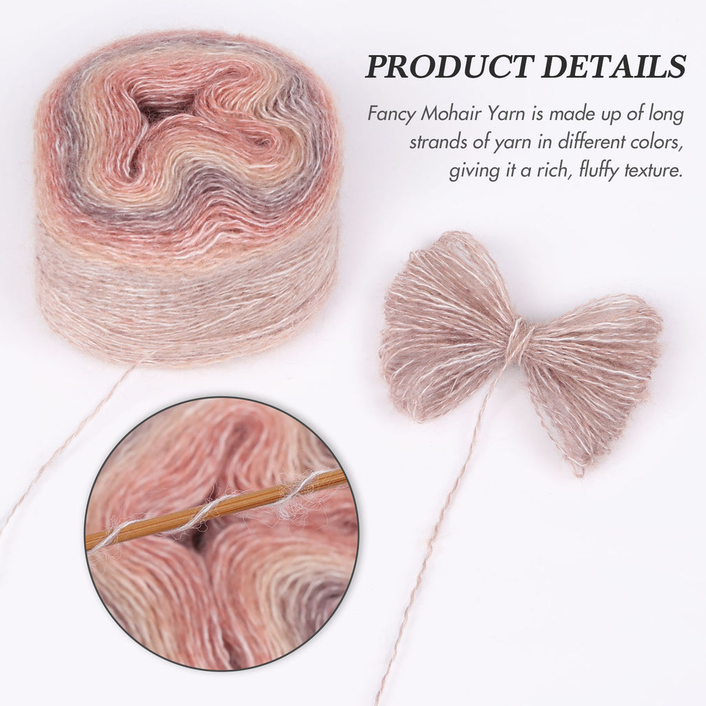 NICEEC 2 Skeins Fancy Mohair Blend Yarn Crochet & Knitting, Fluffy & Fuzzy, Soft & Fancy, Colorful Thin Yarn, DIY Craft Yarn with Self-striping Total 3.53oz/438yds