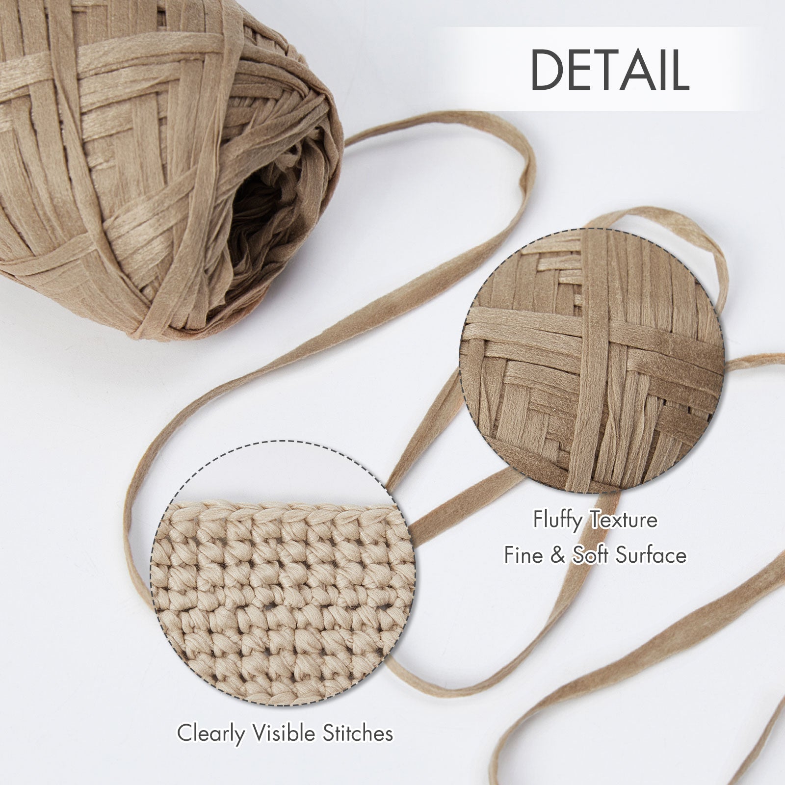 NICEEC 6 Skeins Soft Tape Yarn for Crocheting Craft Paper Yarn Easy Crochet Raffia Yarn Ribbon Yarn for DIY Craft Gift Wrapping Total Length 1.76oz×6/109yds×6-Khaki