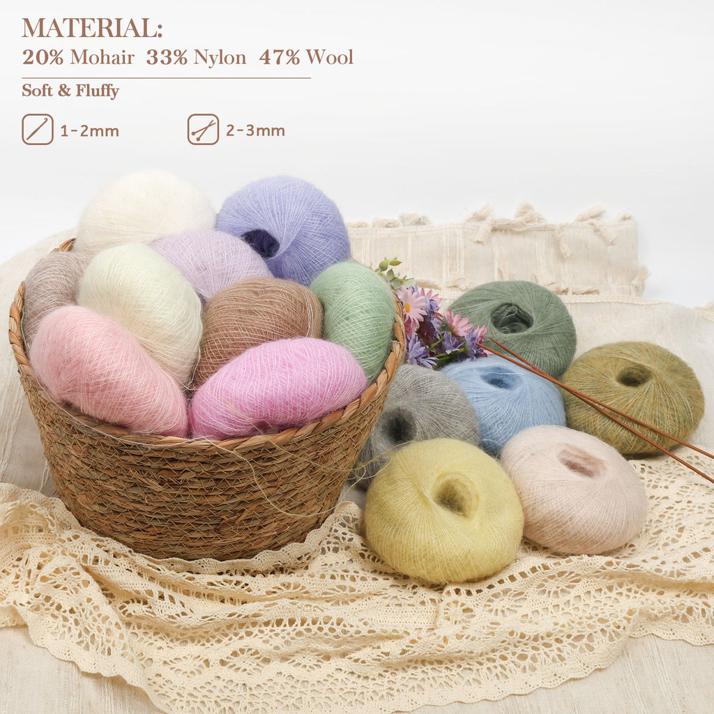 NICEEC 2 Skeins Soft Mohair Yarn, Fluffy & Fuzzy, Luxurious & Thin, Slik Wool Blend Yarn for Crochet & Knitting