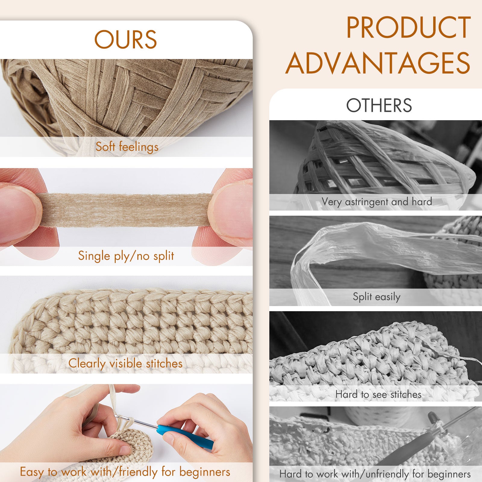 NICEEC 6 Skeins Soft Tape Yarn for Crocheting Craft Paper Yarn Easy Crochet Raffia Yarn Ribbon Yarn for DIY Craft Gift Wrapping Total Length 1.76oz×6/109yds×6-Khaki