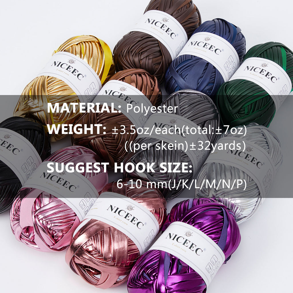 NICEEC 2 Skeins Metal T-Shirt Yarn Single-Side Bright, Glossy, Crochet & Knitting, Fabric Cloth Yarn Handmade DIY Craft Bag Basket Cushion-Totle Length 64yds(7.1oz)