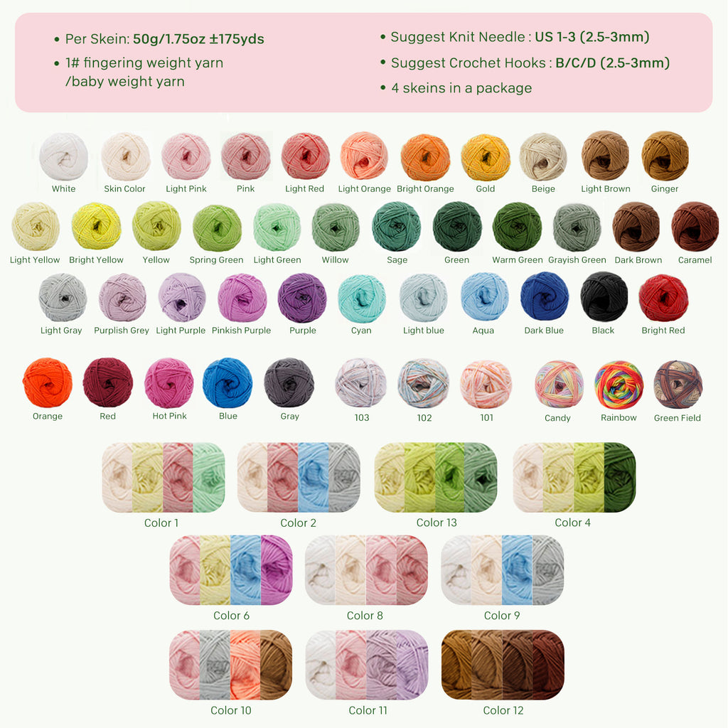 NICEEC - 4 madejas de hilo suave para bebé, 100 % algodón, para crochet, 4 capas, para mantas, manualidades, grosor de hilo, longitud total: 4 x 175 yardas/4 x 50 g 