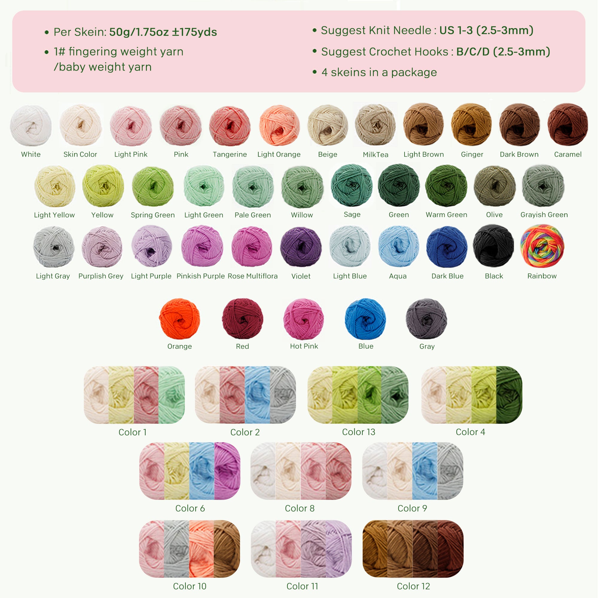 NICEEC 4 Skeins Soft Baby Yarn 100% Cotton Yarn for Crochet Knitting 4 Ply Yarn Blanket Yarn for DIY Craft Fingering Weight Yarn Total Length 4×175yds/4×50g