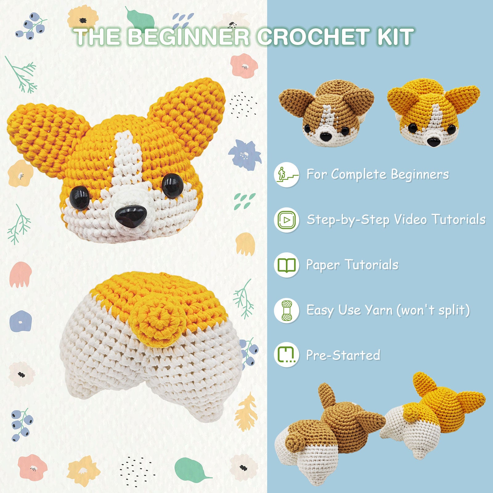 NICEEC Corgi Crochet Kit for Beginners Yarn Crochet Animal Kit for Starter Kits with Step-by-Step Video Tutorials for Adults and Kids