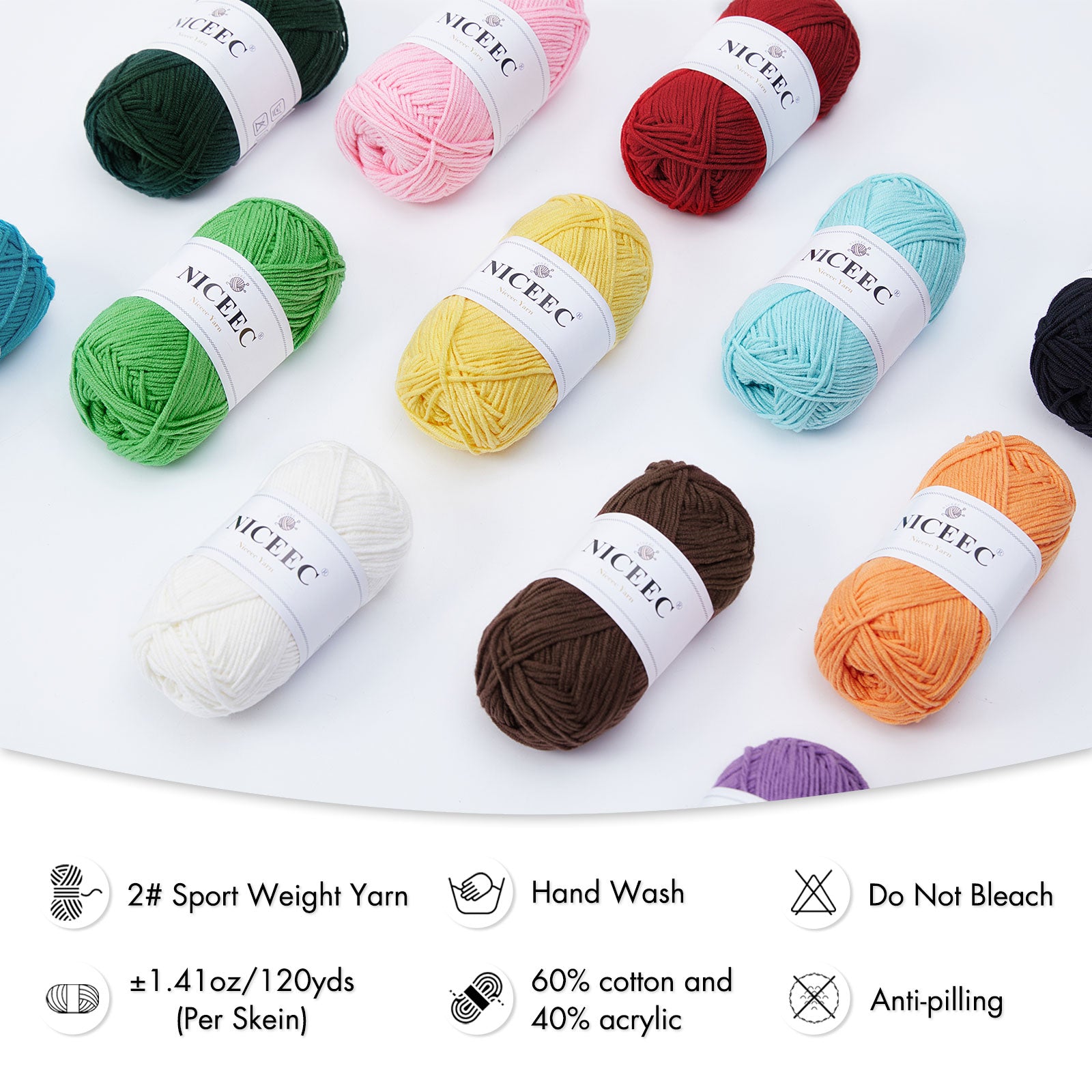 NICEEC - 12 madejas de hilo de colores surtidos, suave mezcla de algodón, para tejer a ganchillo, mantas de bebé coloridas, fácil de usar, 4 capas, multicolor para manualidades.