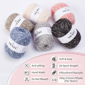 NICEEC 3 Skeins Big-Belly Air Yarn Baby Cotton Yarn for Knitting Fancy Yarn Soft Cotton Blend Sport Weight Yarn for Crochet Total Length(3×295yds, 3×3.5oz)