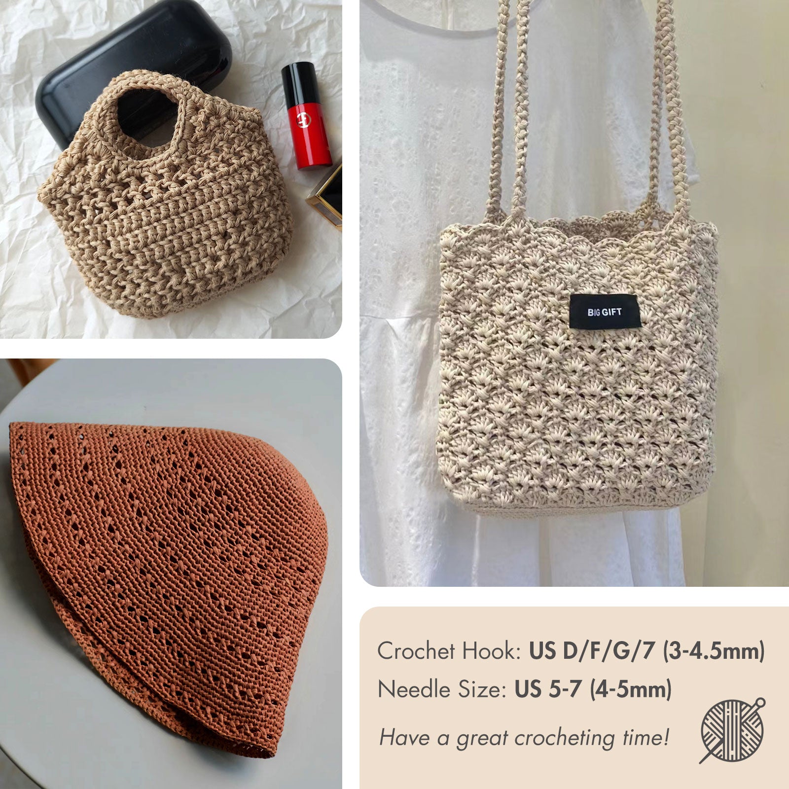 NICEEC - 6 madejas de hilo de cinta suave para crochet, papel artesanal, rafia fácil de crochet, cinta para manualidades y envoltura de regalos (longitud total: 1,76 oz × 6/109 yds × 6 - caqui) 