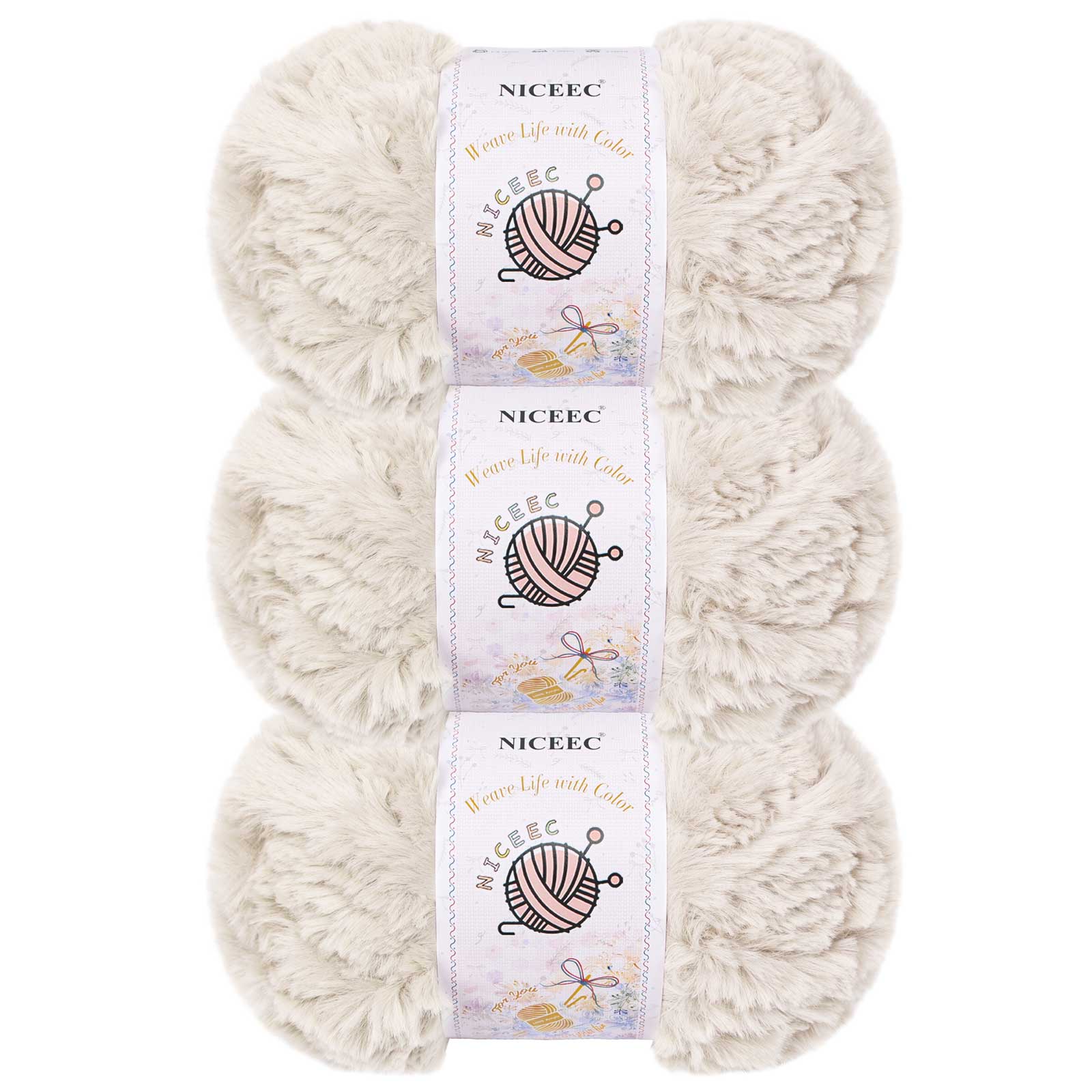 NICEEC 3 Skeins Chunky Fur Yarn - Super Soft Faux Fur, Fluffy & Fuzzy, Eyelash Yarn for Crochet & Knitting (84yds/15.9oz)